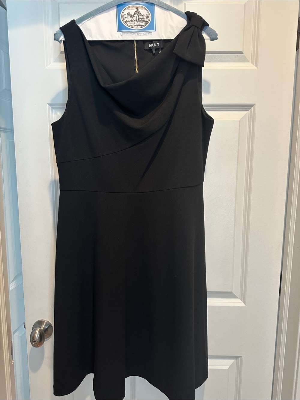 DKNY Black Sleeveless Midi Dress with Cowl Neck and Shoulder Bow - Like New!